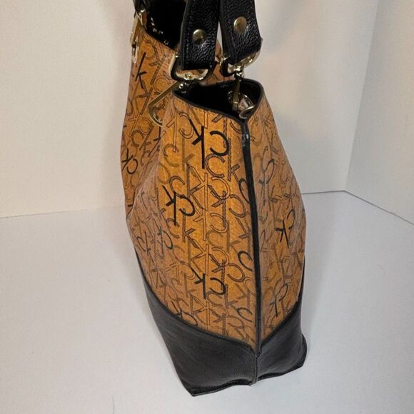 Calvin Klein Leather Tan Black Monogram Shoulder Bag Handbag Purse - Picture 4 of 8